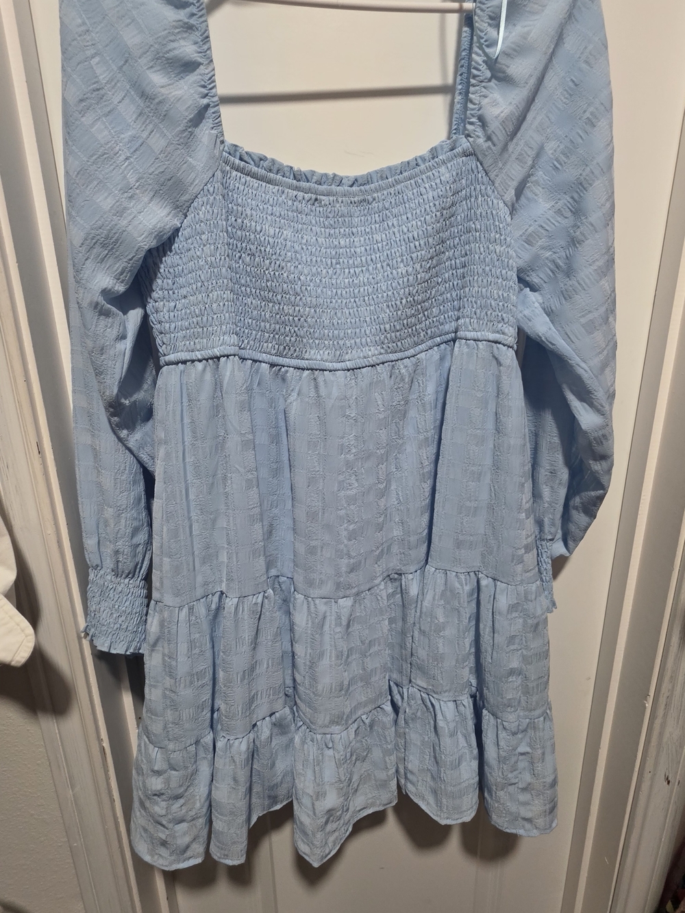 Light Blue Smocked Square-Neck Mini Dress with Bishop Sleeves - Picture 8 of 8